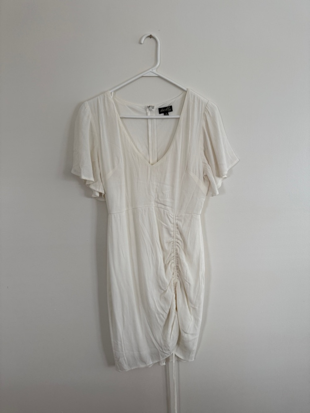Flutter Sleeve Cream Mini Dress with Front Ruching